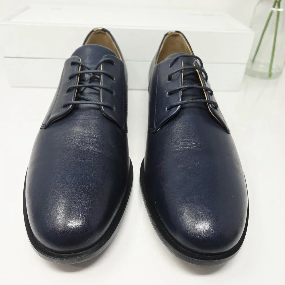 Hugo Boss Mens 9.5 Colby Navy Blue Lace-Up Oxfords Shoes Leather Dress